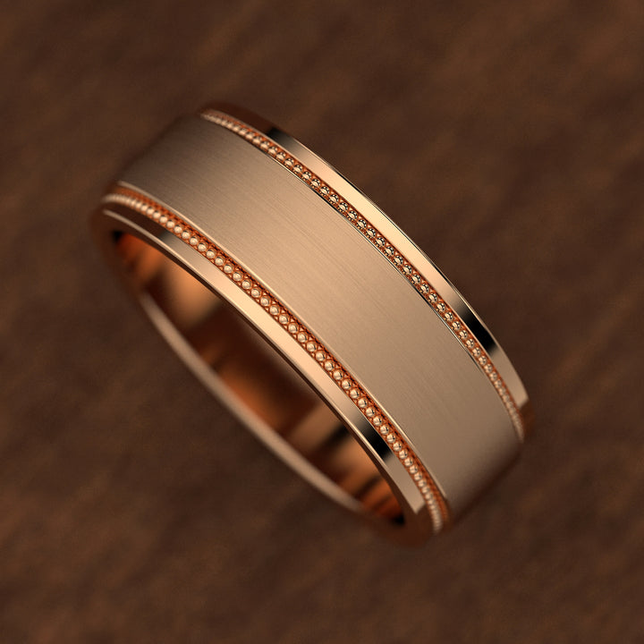 men’s brushed center band with double milgrain borders in wide profile