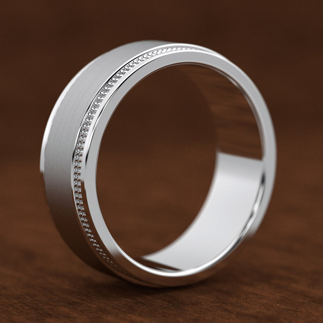 men’s brushed center band with double milgrain borders in wide profile