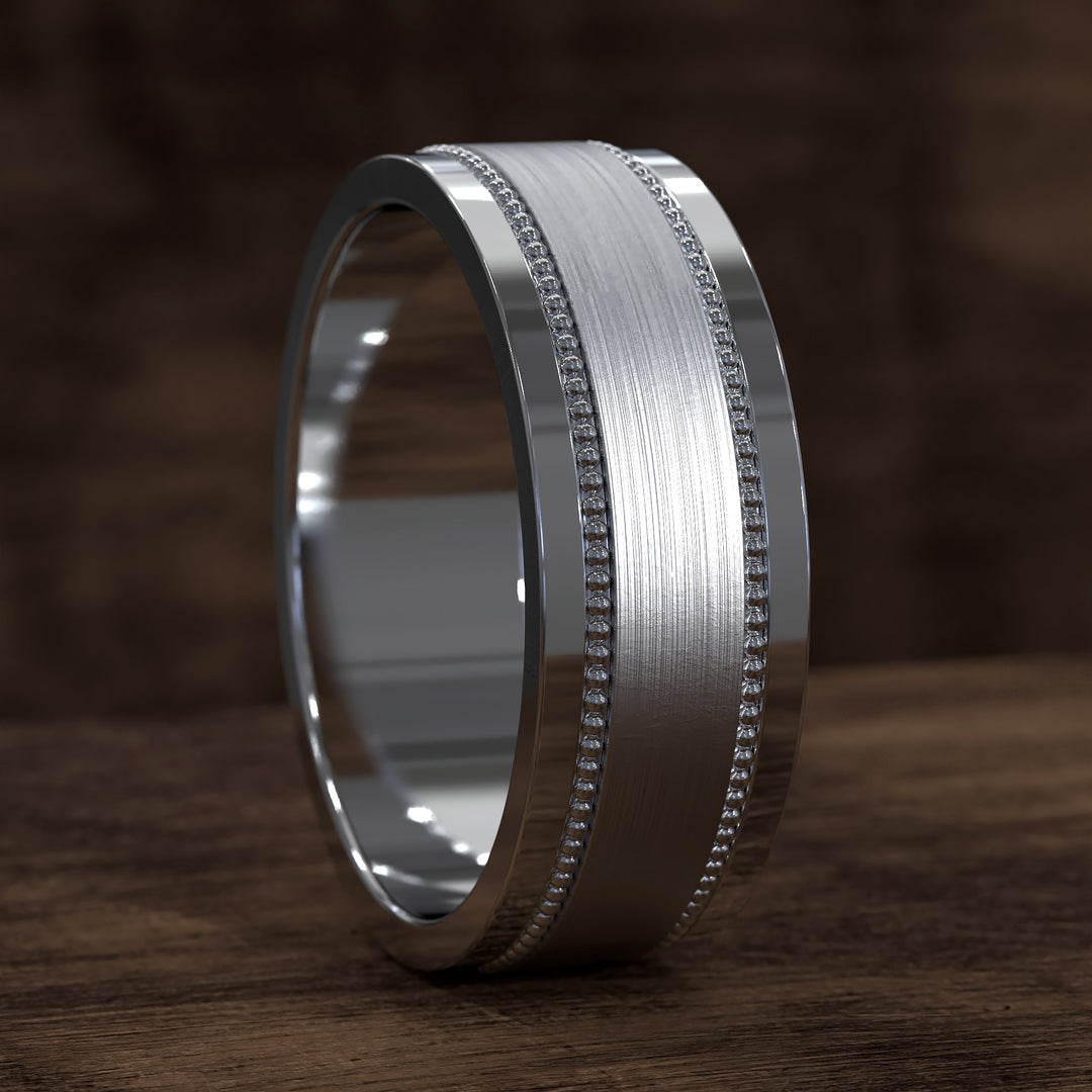 8mm brushed band with beaded filigree detail and polished edges