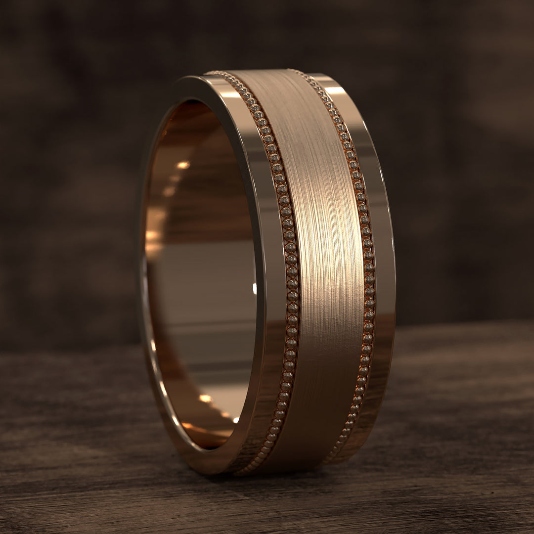 8mm brushed band with beaded filigree detail and polished edges
