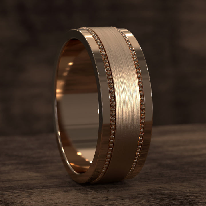 8mm brushed band with beaded filigree detail and polished edges