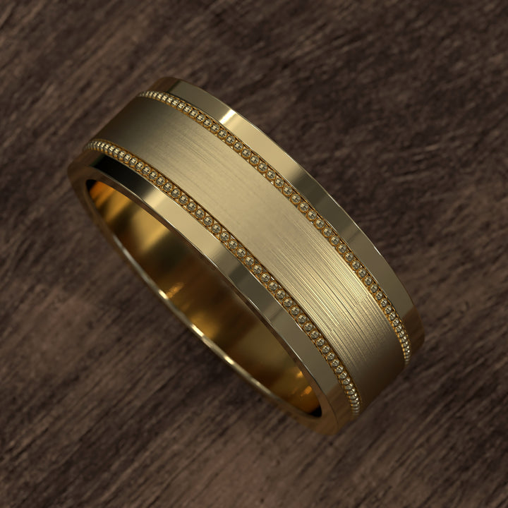 8mm brushed band with beaded filigree detail and polished edges