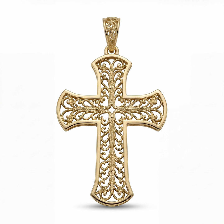 24mm Byzantine cross pendant with ornate filigree openwork design on white background.