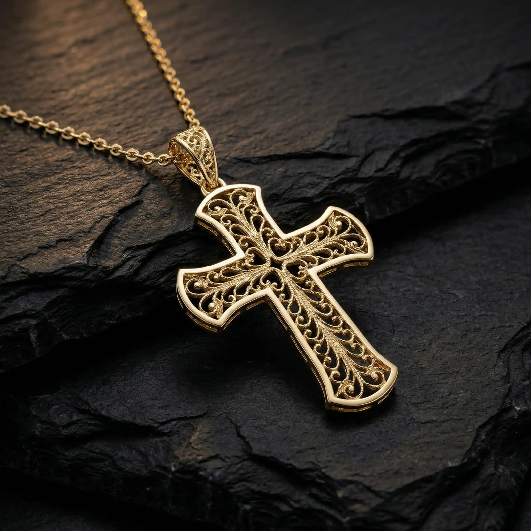 24mm Byzantine cross pendant with ornate filigree openwork design on black stone.