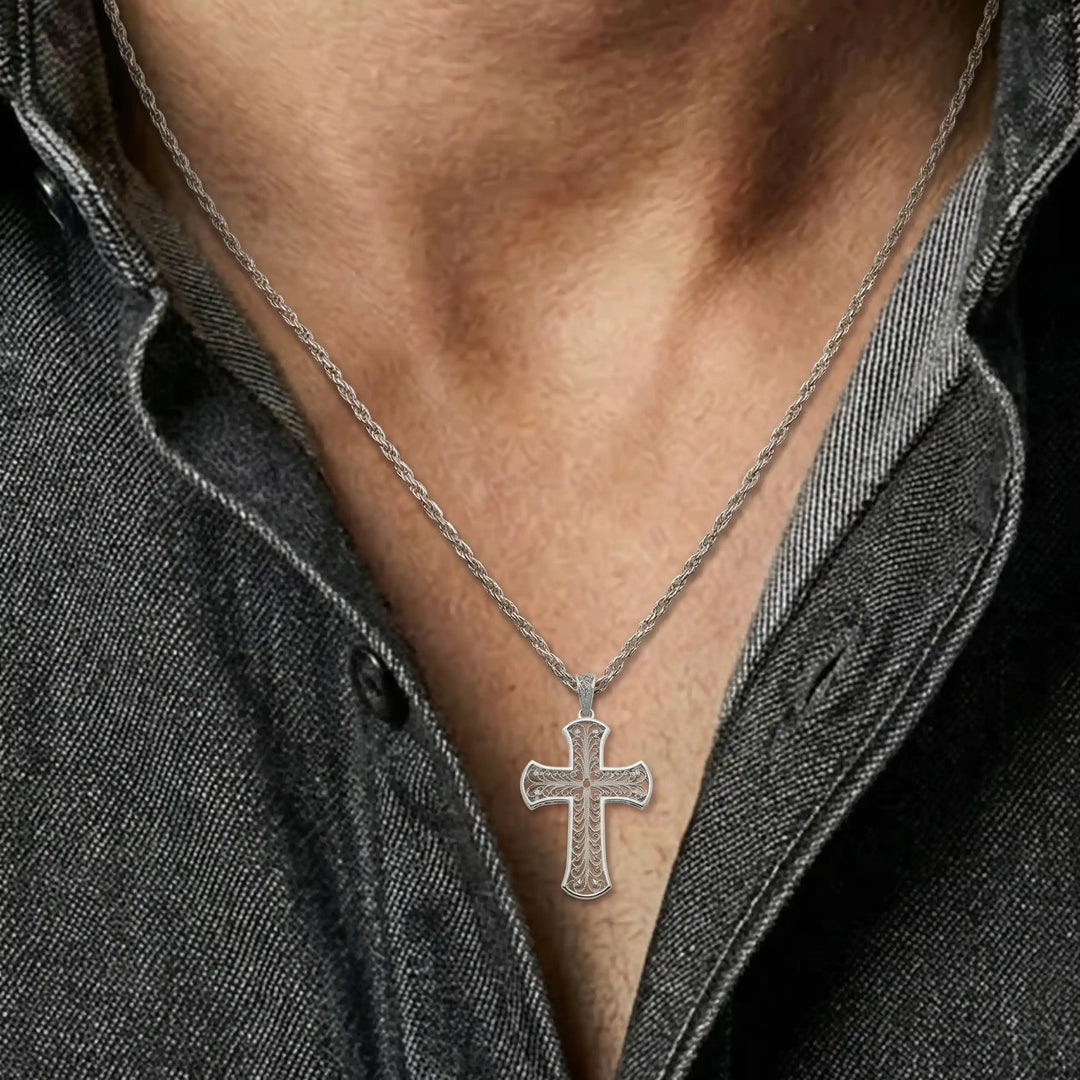 24mm Byzantine cross pendant with ornate filigree openwork design on chest.