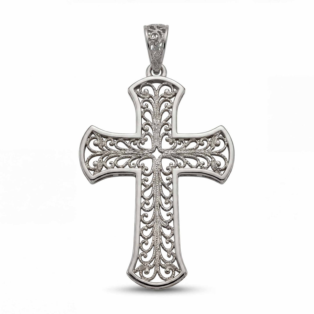 24mm Byzantine cross pendant with ornate filigree openwork design on chest.