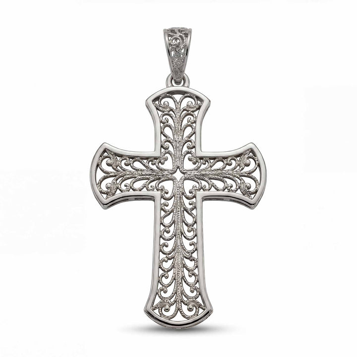 24mm Byzantine cross pendant with ornate filigree openwork design on chest.