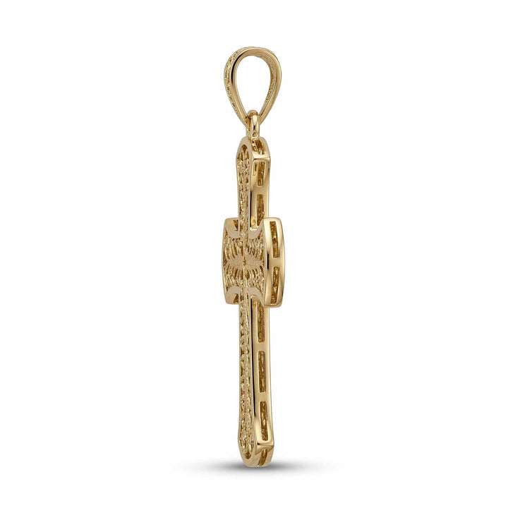 24mm Byzantine cross pendant with ornate filigree openwork design on white background.