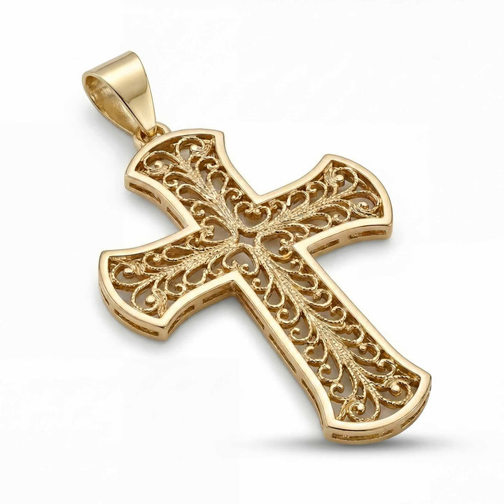 24mm Byzantine cross pendant with ornate filigree openwork design on white background.