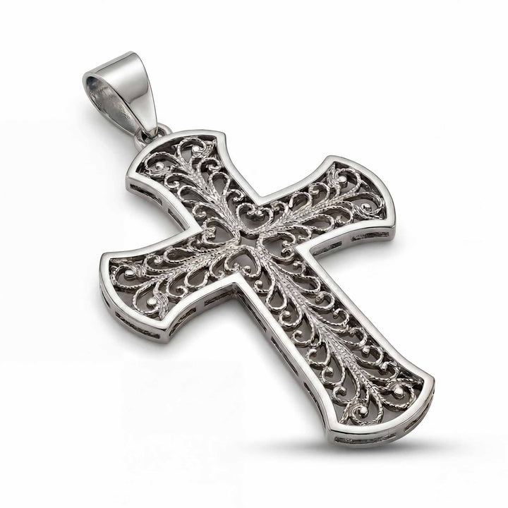 24mm Byzantine cross pendant with ornate filigree openwork design on white background.