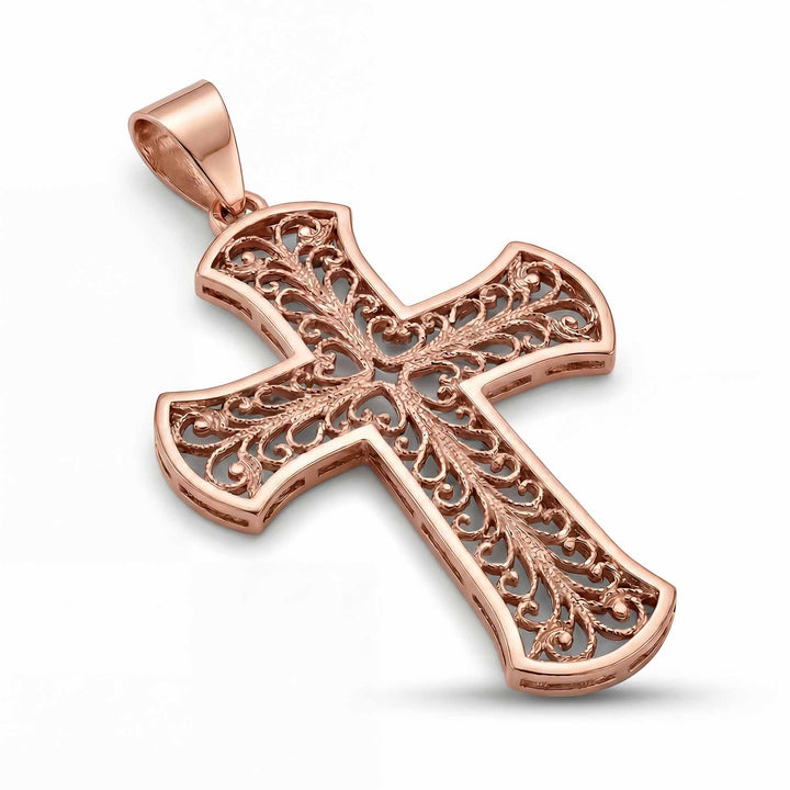 24mm Byzantine cross pendant with ornate filigree openwork design on white background.