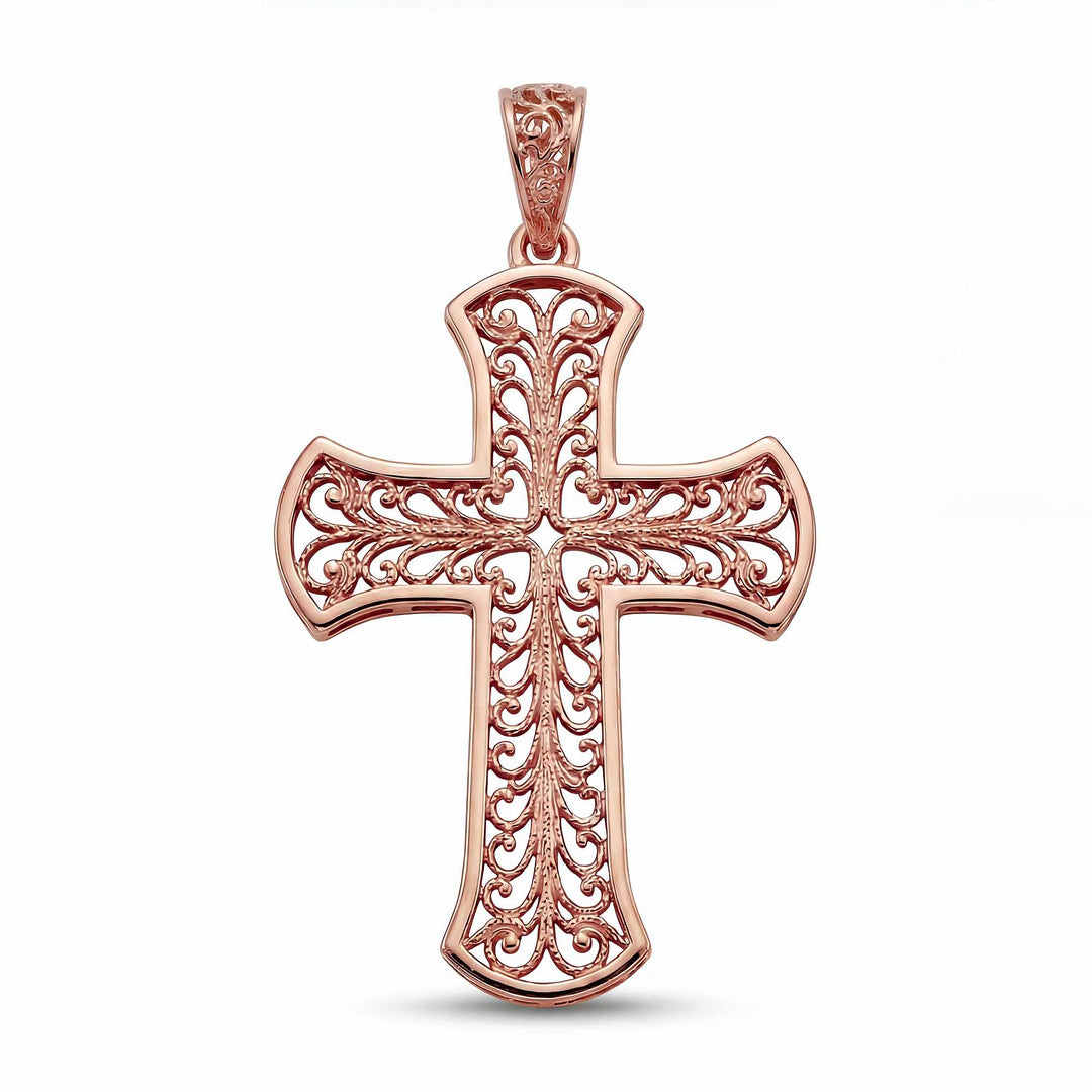 24mm Byzantine cross pendant with ornate filigree openwork design on white background.