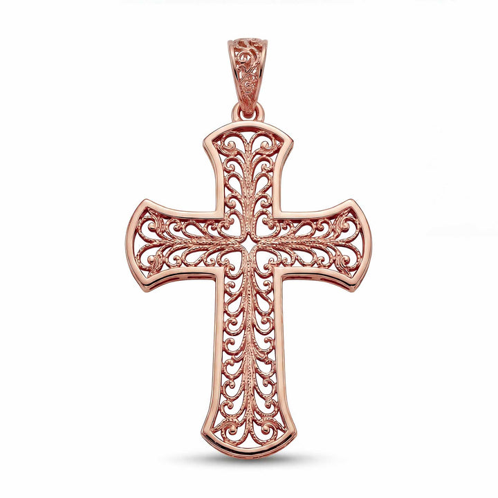 24mm Byzantine cross pendant with ornate filigree openwork design on white background.