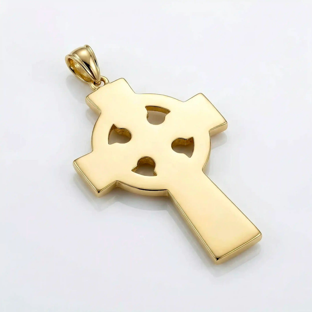 Celtic knot cross pendant necklace with circular halo design displayed on white background.