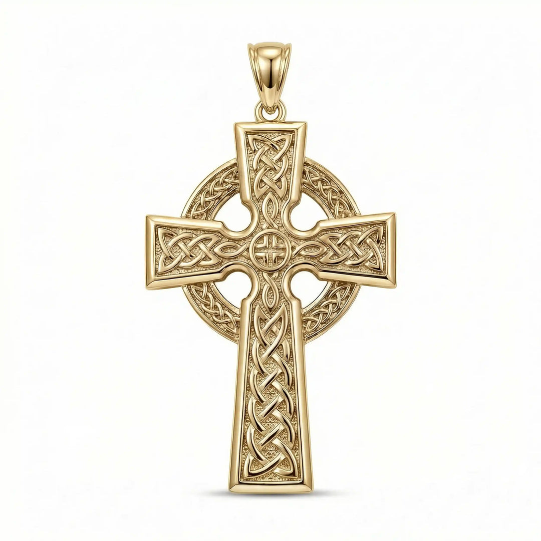 Celtic knot cross pendant necklace with circular halo design displayed on white background.