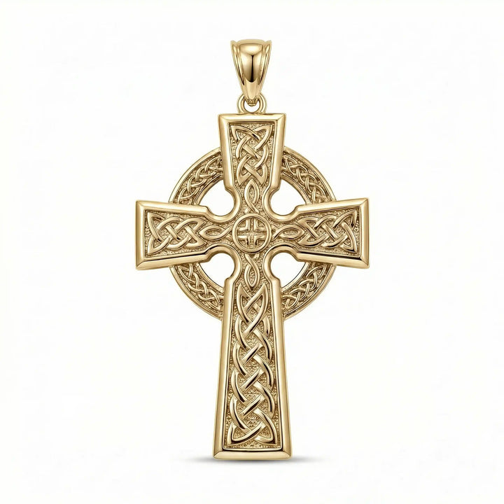 Celtic knot cross pendant necklace with circular halo design displayed on white background.