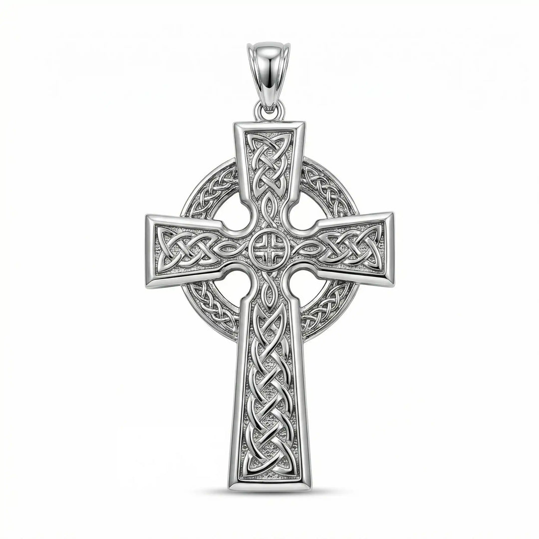 Celtic knot cross pendant necklace with circular halo design displayed on white background.