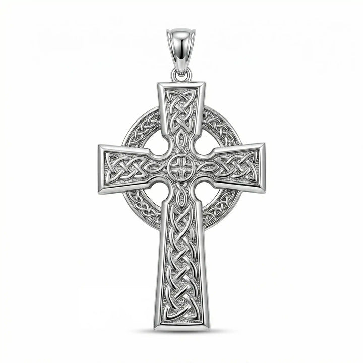 Celtic knot cross pendant necklace with circular halo design displayed on white background.