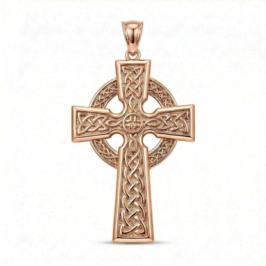 Celtic knot cross pendant necklace with circular halo design displayed on white background.
