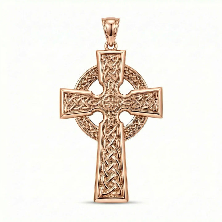 Celtic knot cross pendant necklace with circular halo design displayed on white background.