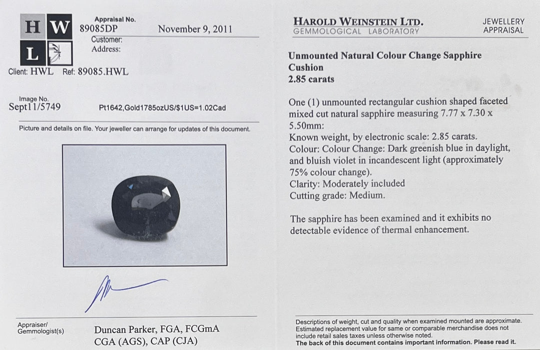 Certified 2.85ct cushion cut color-change sapphire unheated