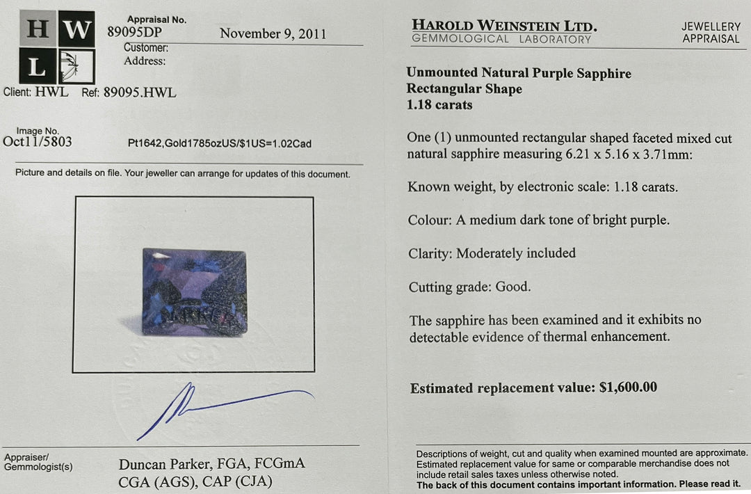 Certified 1.18ct unheated rectangular purple sapphire loose gem
