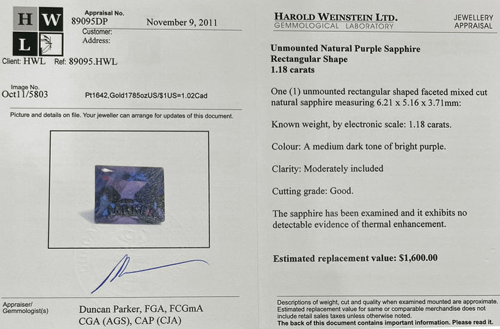 Certified 1.18ct unheated rectangular purple sapphire loose gem