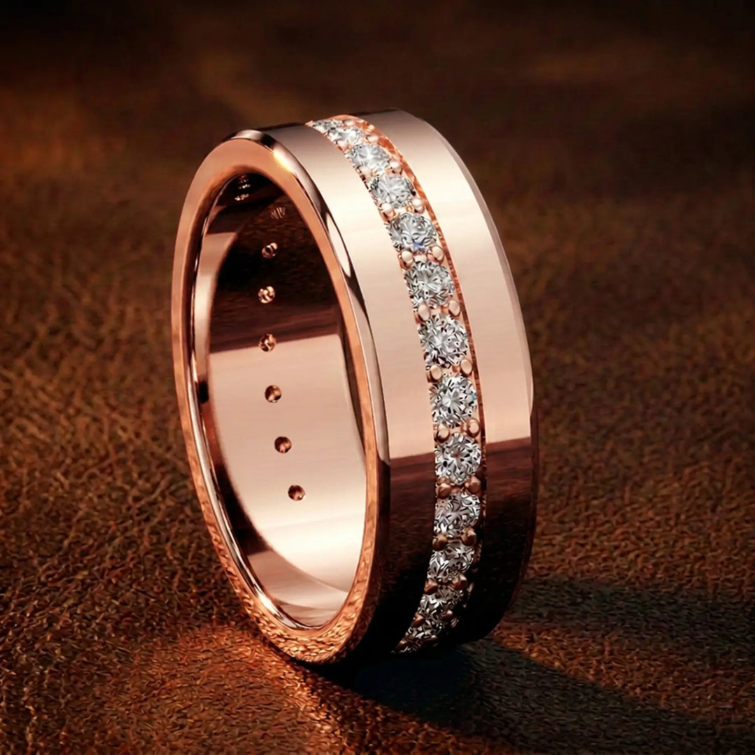 Channel set round lab-grown diamond wedding band with flat beveled profile displayed at an angle.