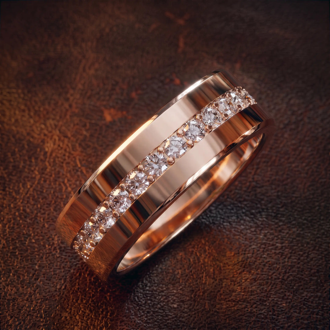 Channel set round lab-grown diamond wedding band with flat beveled profile displayed at an angle.
