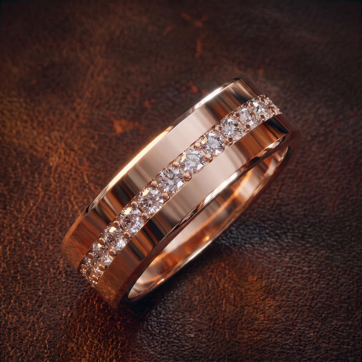 Channel set round lab-grown diamond wedding band with flat beveled profile displayed at an angle.