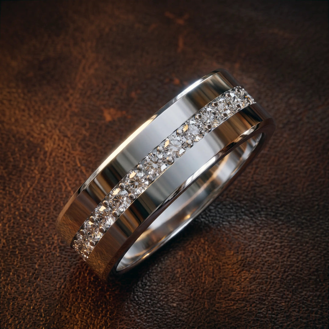 Channel set round lab-grown diamond wedding band with flat beveled profile displayed at an angle.