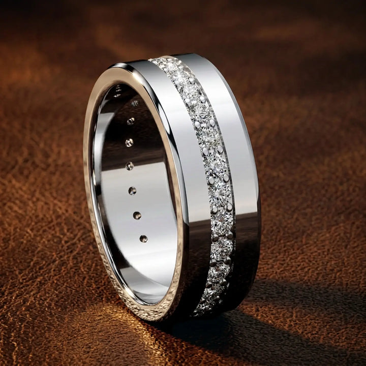 Channel set round lab-grown diamond wedding band with flat beveled profile displayed at an angle.