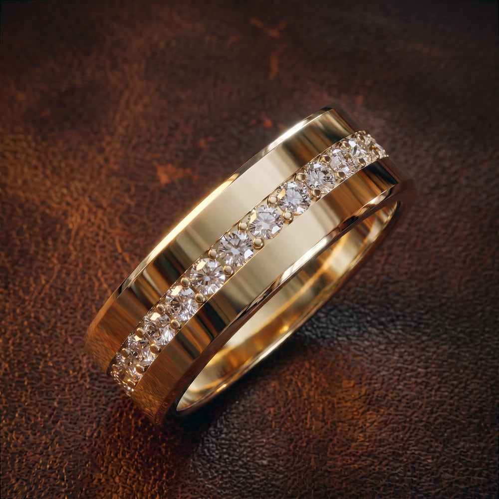 Channel set round lab-grown diamond wedding band with flat beveled profile displayed at an angle.