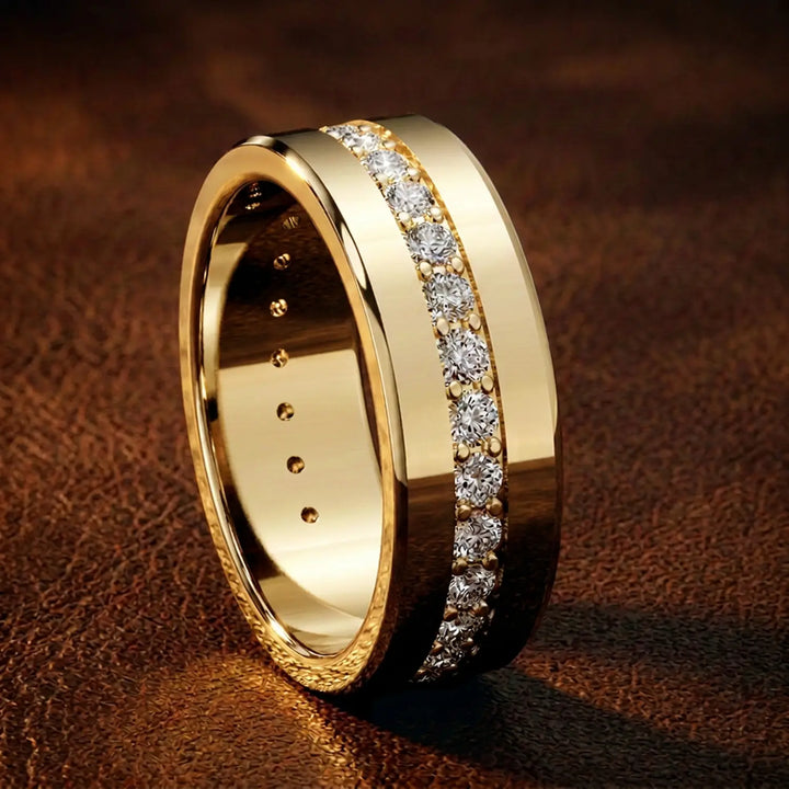 Channel set round lab-grown diamond wedding band with flat beveled profile displayed at an angle.