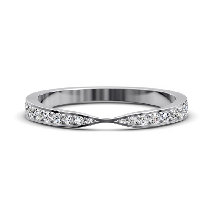 Channel set gold wedding band with tapered top and round brilliant stones