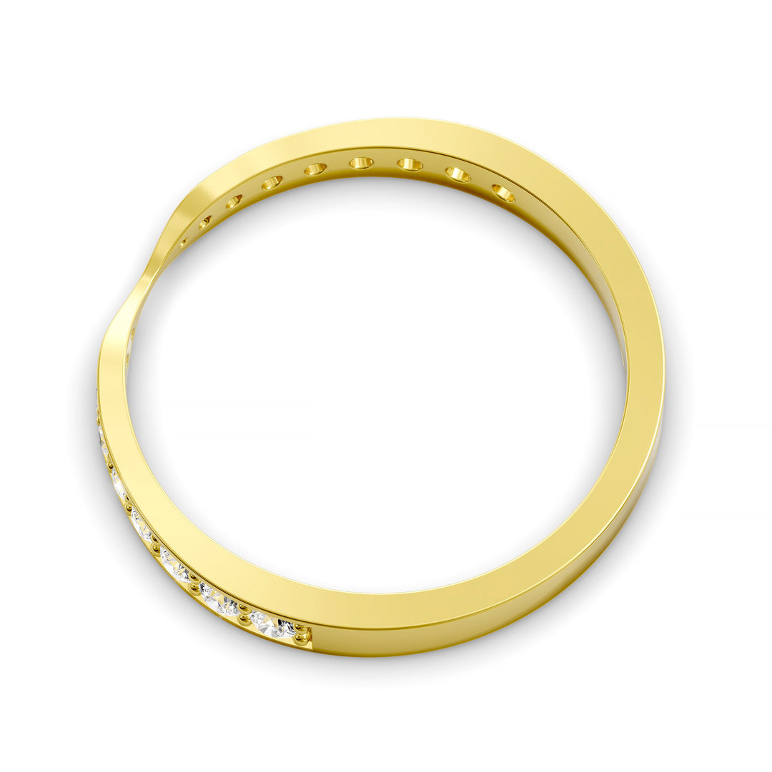 Channel set gold wedding band with tapered top and round brilliant stones