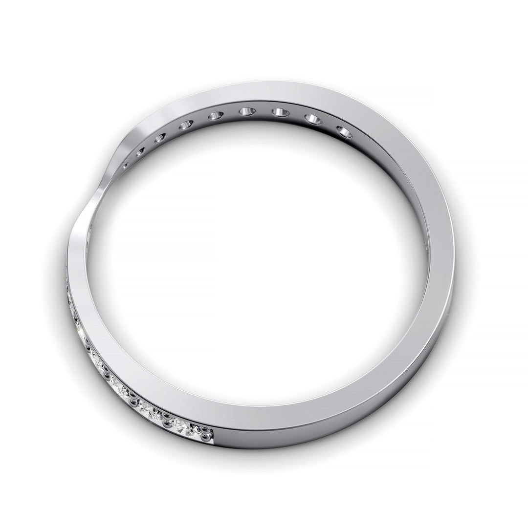 Channel set gold wedding band with tapered top and round brilliant stones