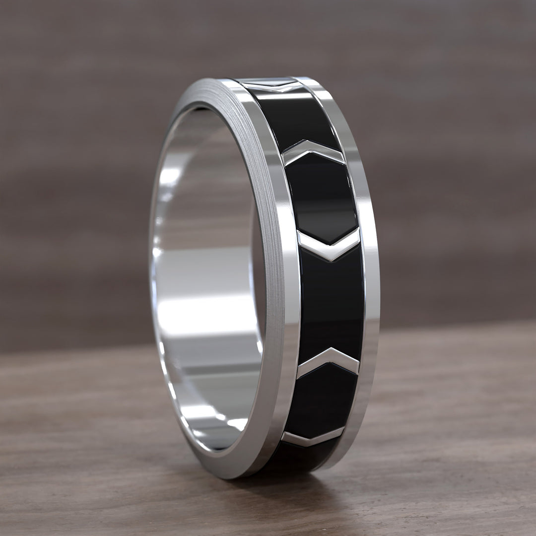 chevron pattern band with dark enamel inlay and brushed beveled edges
