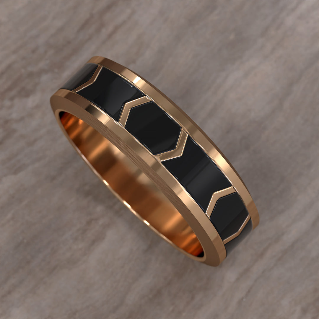 chevron pattern band with dark enamel inlay and brushed beveled edges
