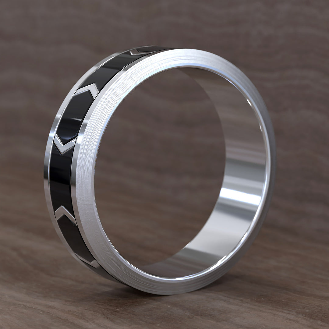 chevron pattern band with dark enamel inlay and brushed beveled edges