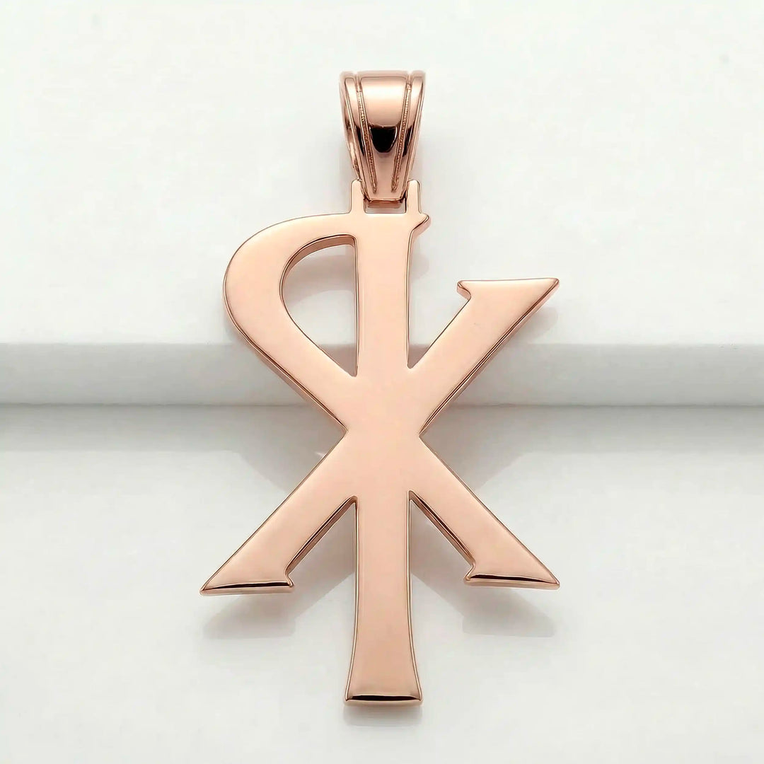 Chi Rho Christian cross pendant necklace displayed on white background.