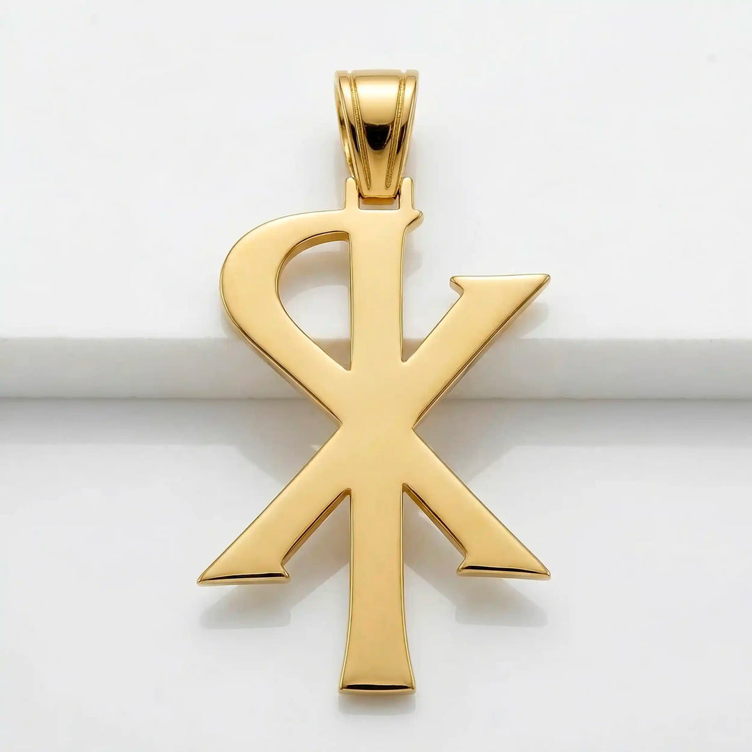Chi Rho Christian cross pendant necklace displayed on white background.