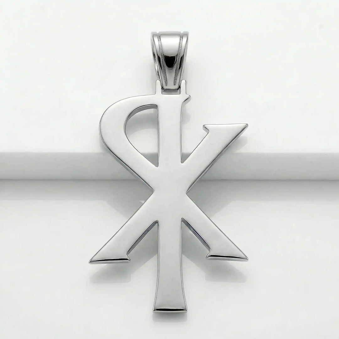 Chi Rho Christian cross pendant necklace displayed on white background.