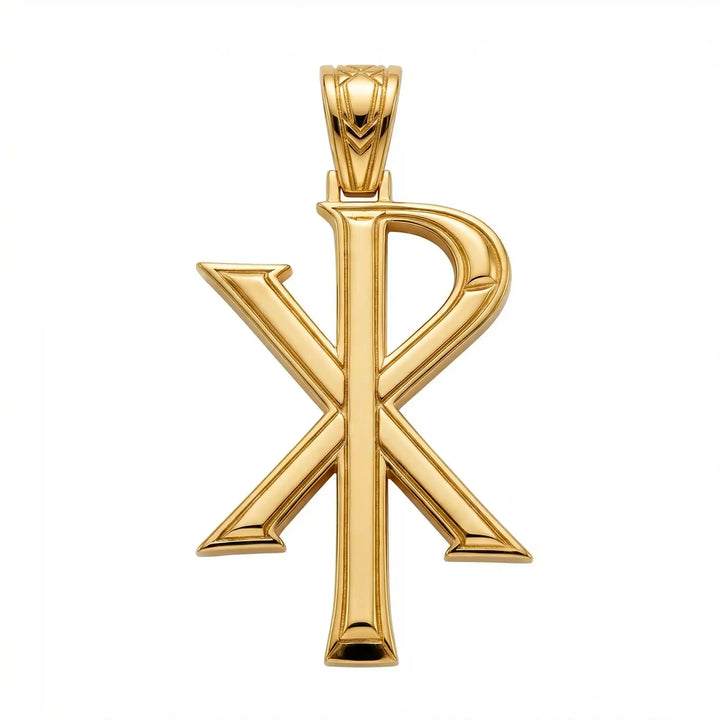 Chi Rho Christian cross pendant necklace displayed on white background.