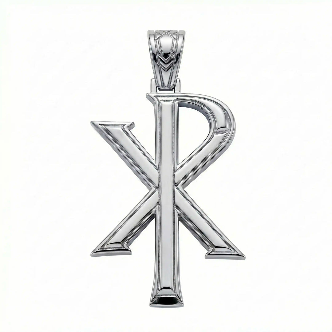 Chi Rho Christian cross pendant necklace displayed on white background.