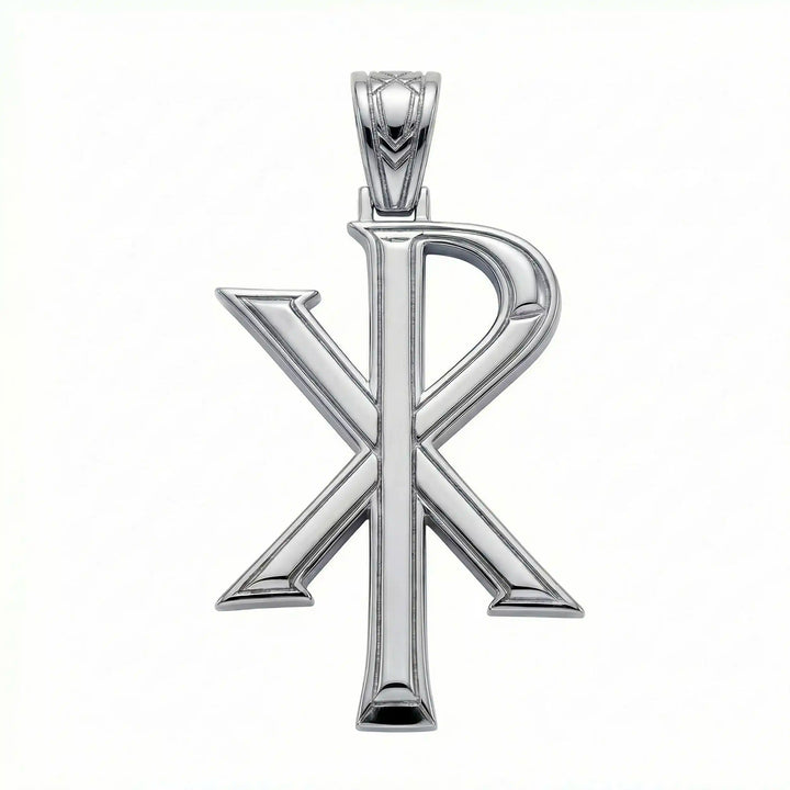 Chi Rho Christian cross pendant necklace displayed on white background.