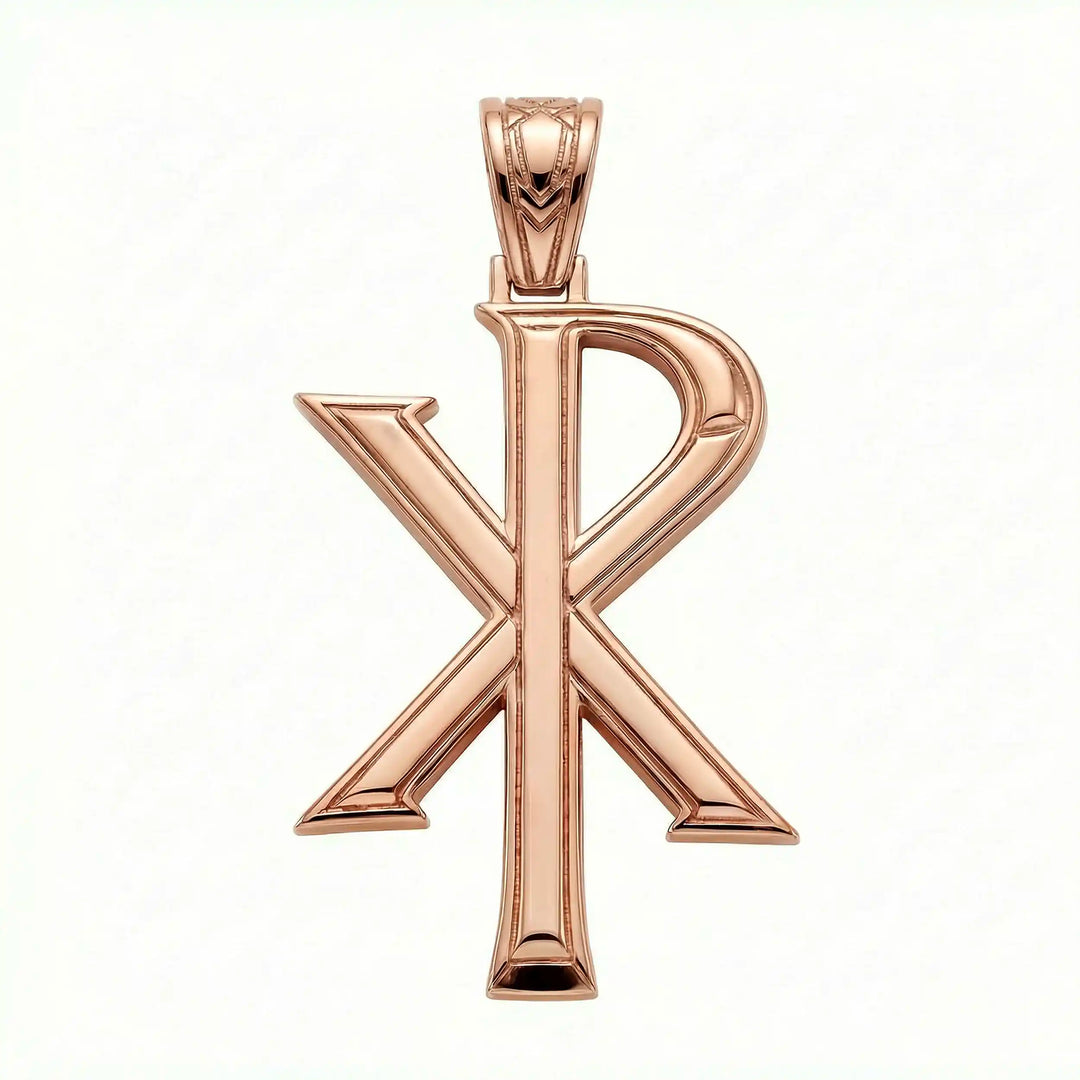 Chi Rho Christian cross pendant necklace displayed on white background.