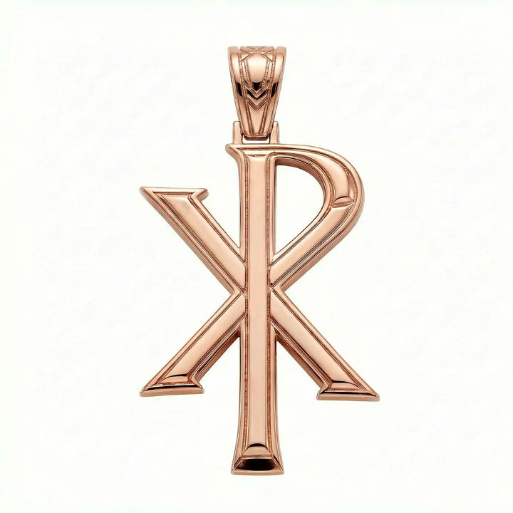 Chi Rho Christian cross pendant necklace displayed on white background.