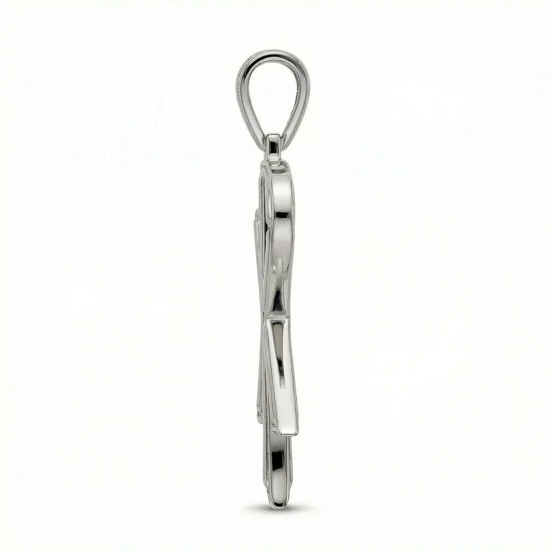 Chi Rho Christian cross pendant necklace displayed on white background.