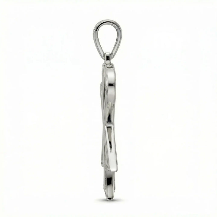 Chi Rho Christian cross pendant necklace displayed on white background.